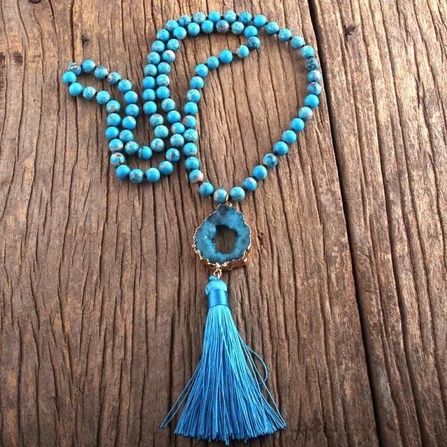 Boho Chic Stone Beaded Pendant Necklace with Tassel Necklaces - The Burner Shop