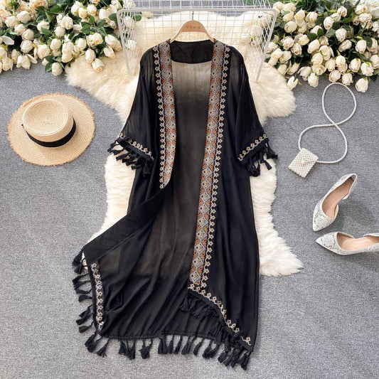 Boho Chiffon Cardigan with Tassels Cardigans - The Burner Shop