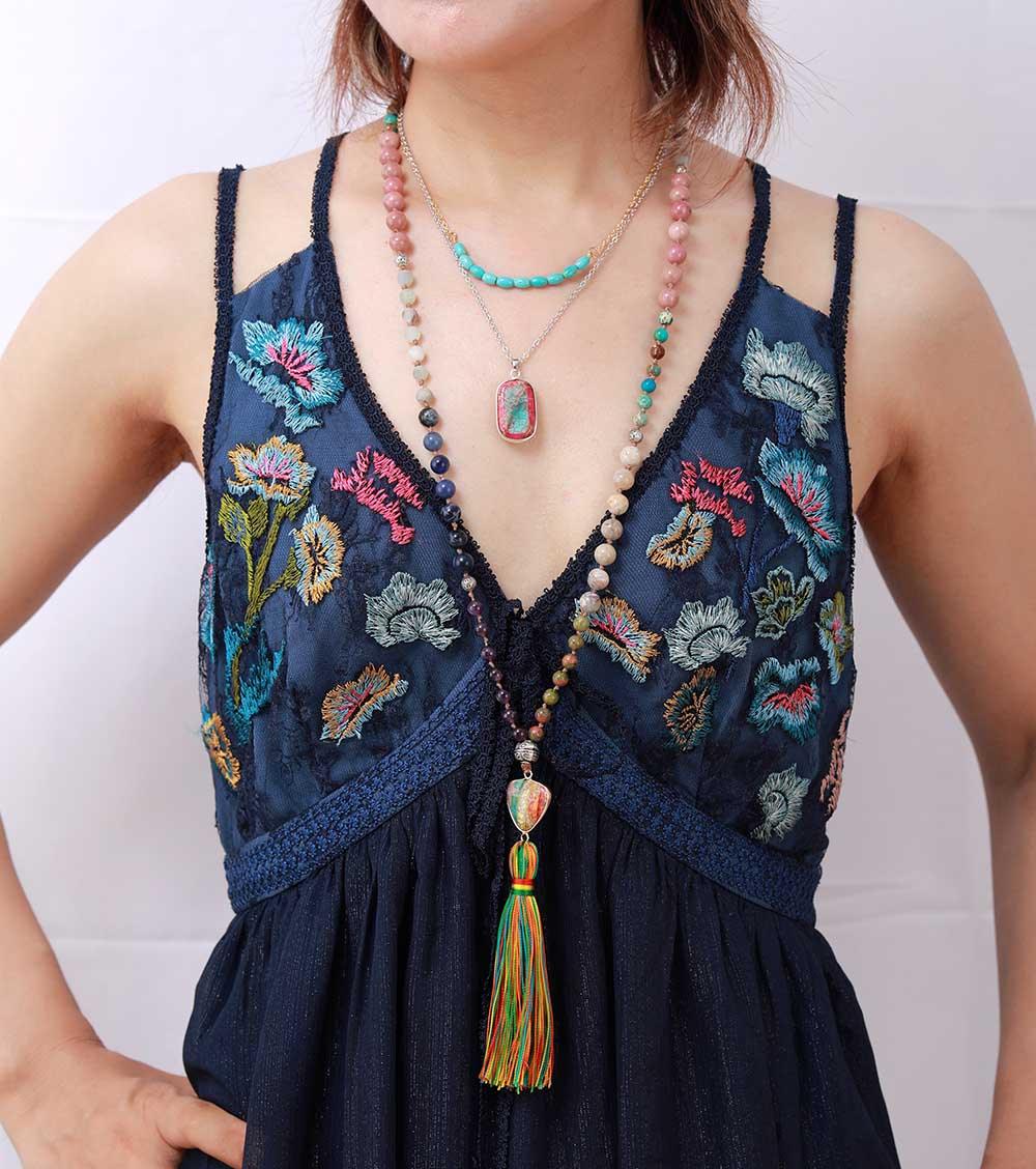Boho Colourful Natural Stone Necklace with Tassels Necklaces - The Burner Shop