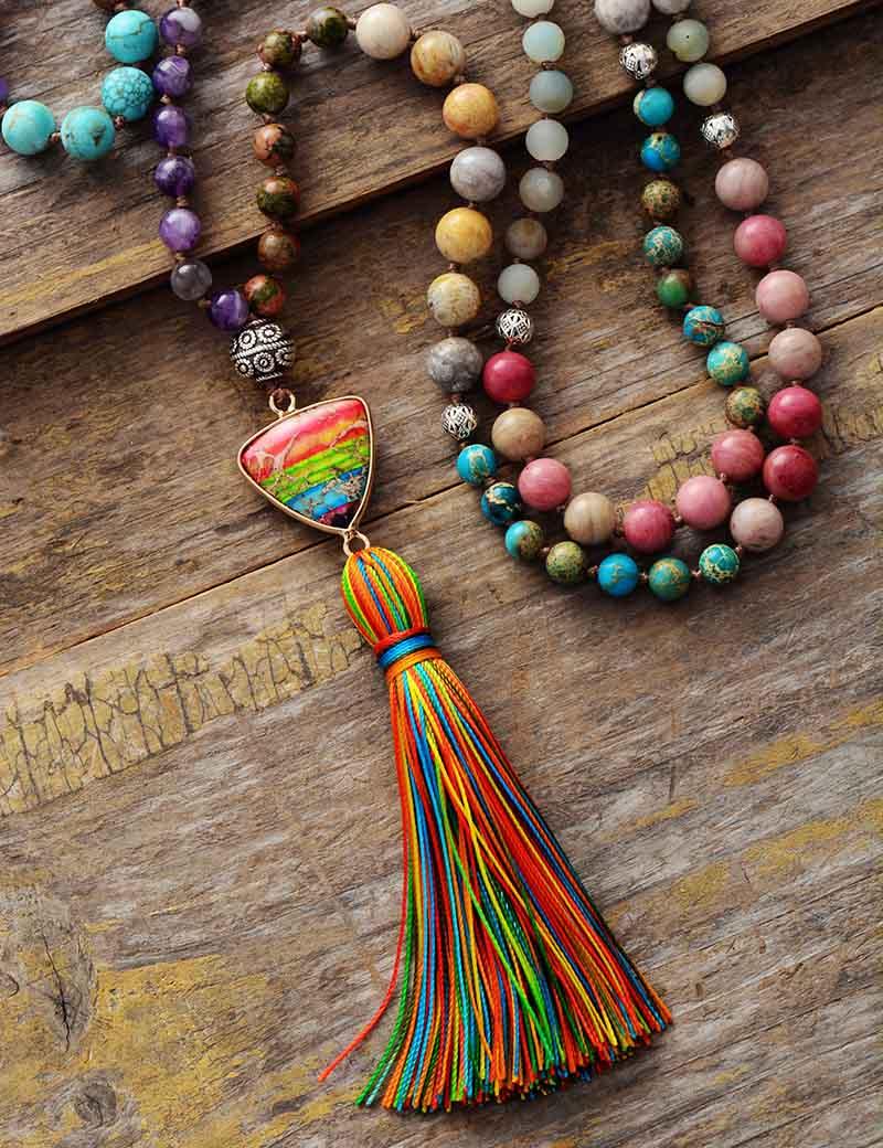 Boho Colourful Natural Stone Necklace with Tassels Necklaces - The Burner Shop