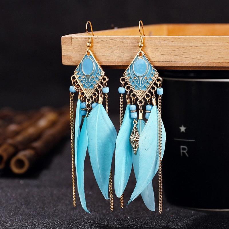 Boho Long Feather Dangle Earrings Earrings - The Burner Shop