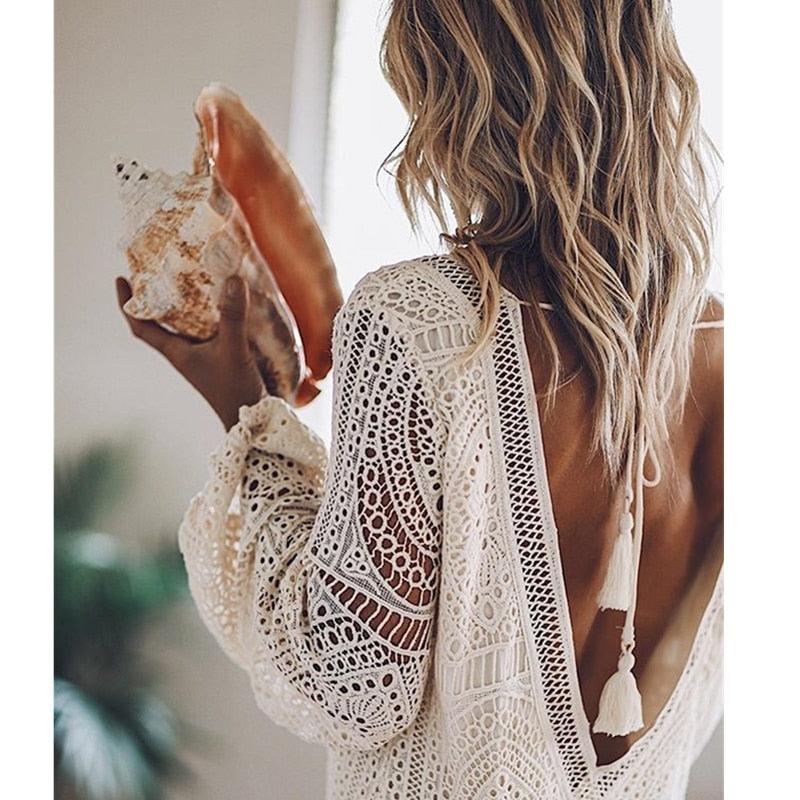 Boho Long Sleeve White Beach Dress dresses - The Burner Shop