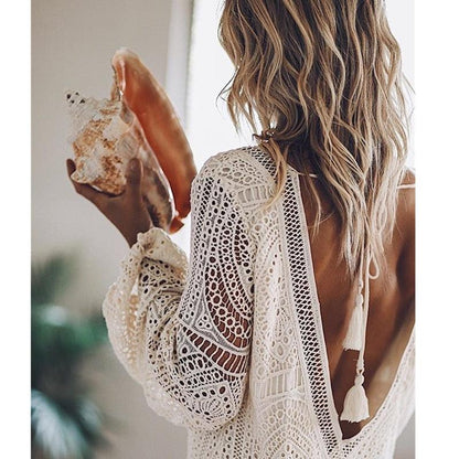Boho Long Sleeve White Beach Dress dresses - The Burner Shop