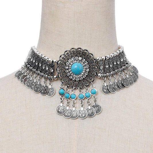 Choker Necklace Blue Beaded Coin Tassel Necklaces - The Burner Shop