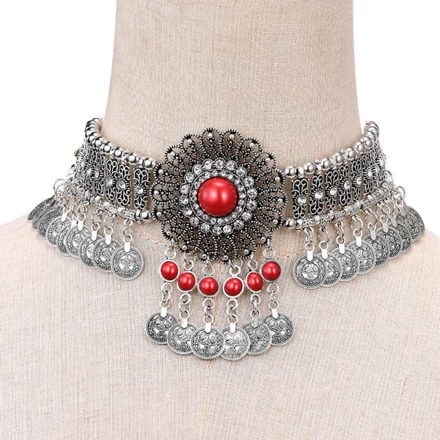 Choker Necklace Blue Beaded Coin Tassel Necklaces - The Burner Shop