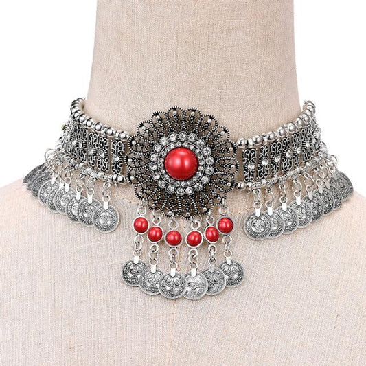 Choker Necklace Blue Beaded Coin Tassel Necklaces - The Burner Shop