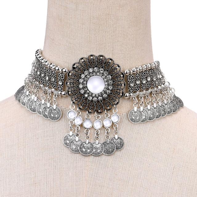 Choker Necklace Blue Beaded Coin Tassel Necklaces - The Burner Shop