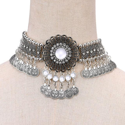 Choker Necklace Blue Beaded Coin Tassel Necklaces - The Burner Shop