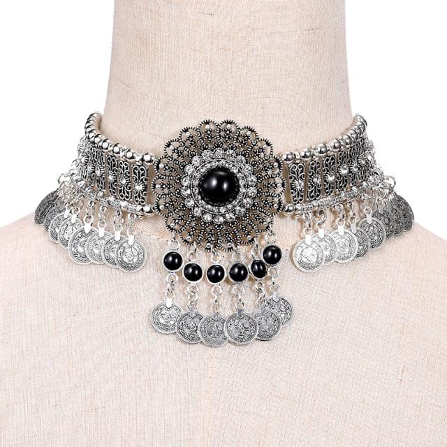 Choker Necklace Blue Beaded Coin Tassel Necklaces - The Burner Shop