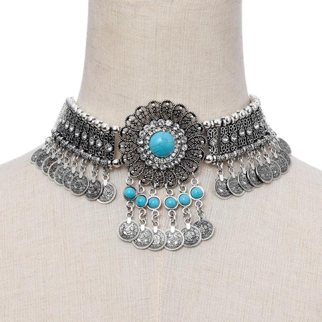 Choker Necklace Blue Beaded Coin Tassel Necklaces - The Burner Shop