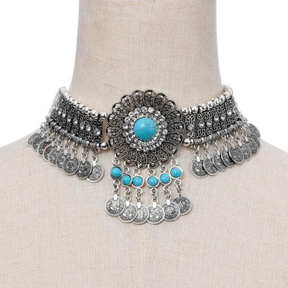 Choker Necklace Blue Beaded Coin Tassel Necklaces - The Burner Shop
