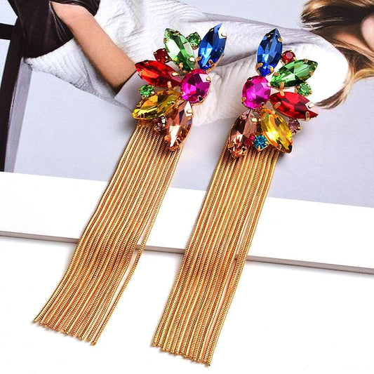 Colorful Crystal Long Metal Chain Dangle Earrings Earrings - The Burner Shop