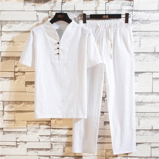 Cotton and Linen Short Sleeve T-shirt & Pant Set Shirts - The Burner Shop