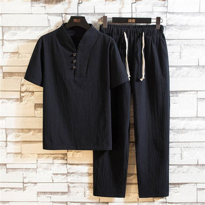 Cotton and Linen Short Sleeve T-shirt & Pant Set Shirts - The Burner Shop