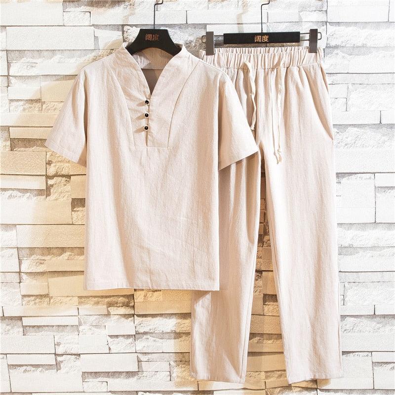 Cotton and Linen Short Sleeve T-shirt & Pant Set Shirts - The Burner Shop