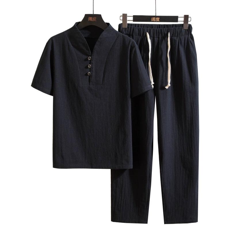 Cotton and Linen Short Sleeve T-shirt & Pant Set Shirts - The Burner Shop