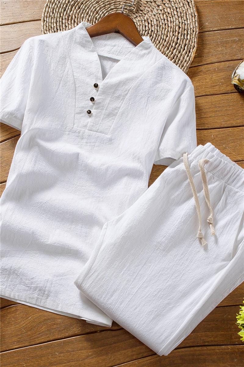 Cotton and Linen Short Sleeve T-shirt & Pant Set Shirts - The Burner Shop