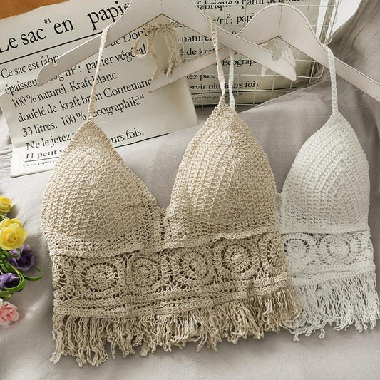 Crochet Tassel Halter Neck Crop Top Tops - The Burner Shop