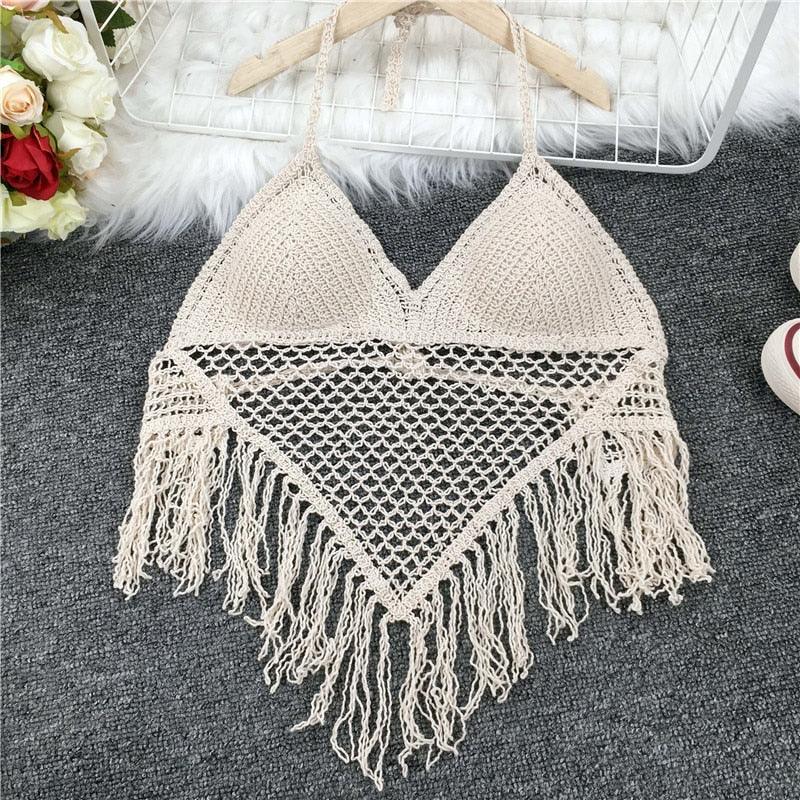 Crochet Tassel Halter Neck Crop Top Tops - The Burner Shop