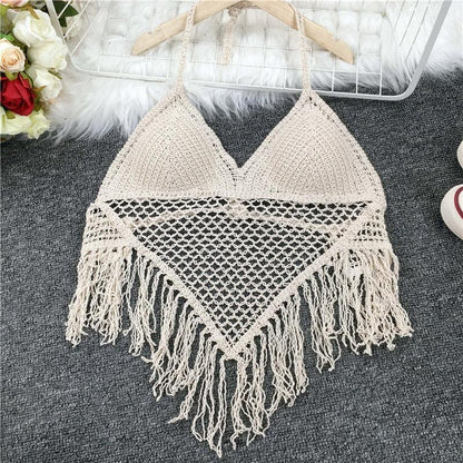 Crochet Tassel Halter Neck Crop Top Tops - The Burner Shop