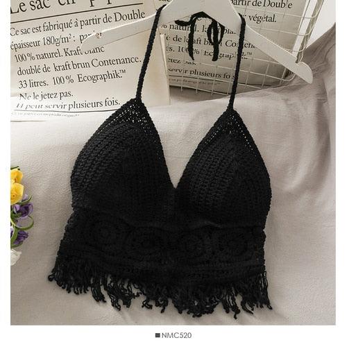 Crochet Tassel Halter Neck Crop Top Tops - The Burner Shop