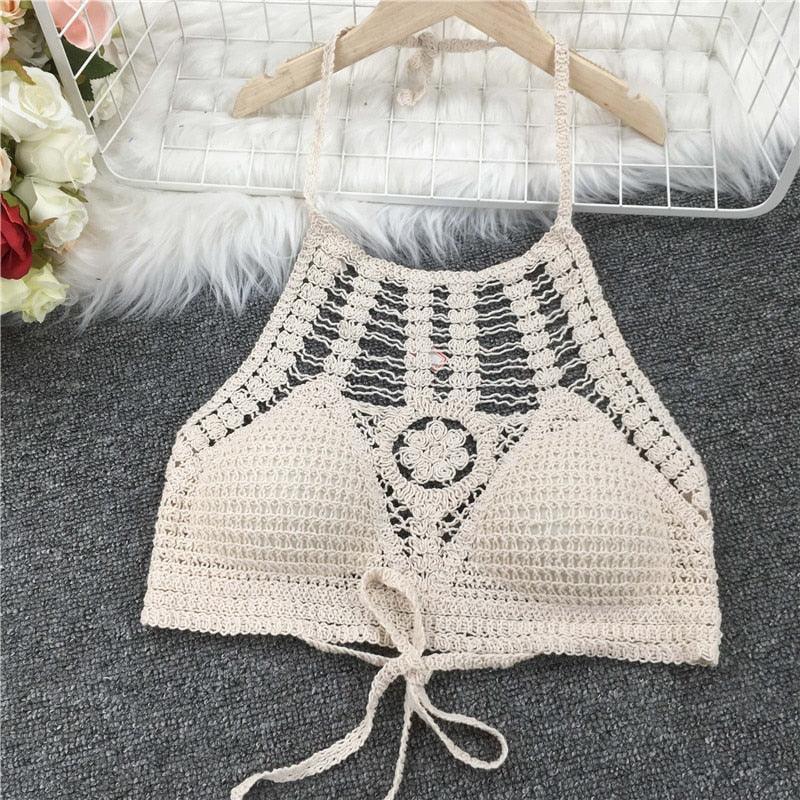 Crochet Tassel Halter Neck Crop Top Tops - The Burner Shop