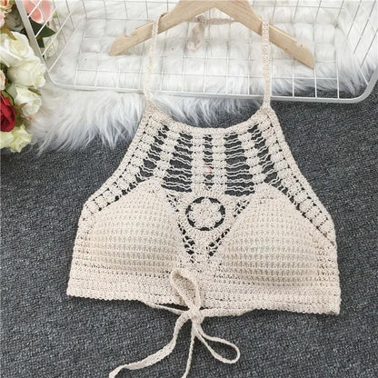Crochet Tassel Halter Neck Crop Top Tops - The Burner Shop