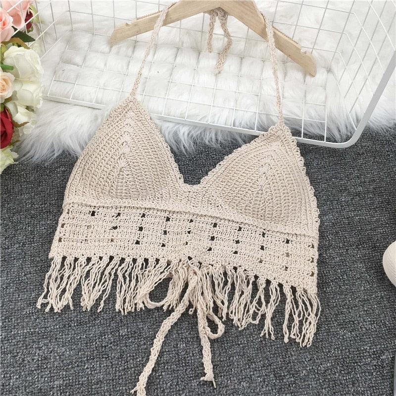 Crochet Tassel Halter Neck Crop Top Tops - The Burner Shop