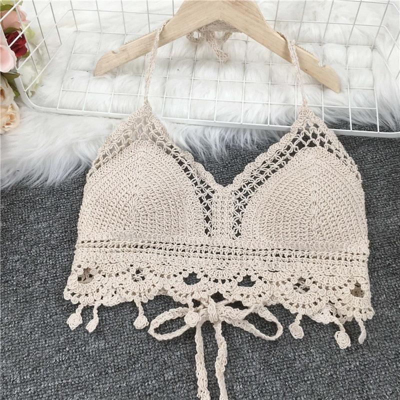 Crochet Tassel Halter Neck Crop Top Tops - The Burner Shop