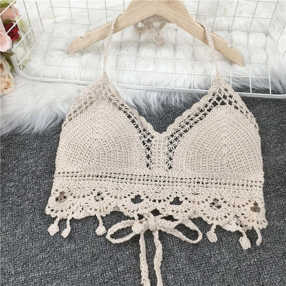 Crochet Tassel Halter Neck Crop Top Tops - The Burner Shop