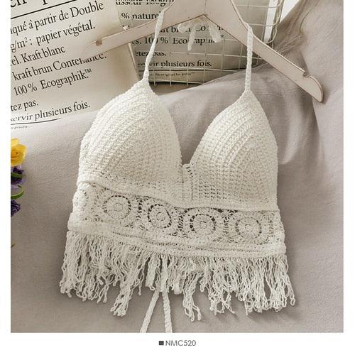Crochet Tassel Halter Neck Crop Top Tops - The Burner Shop