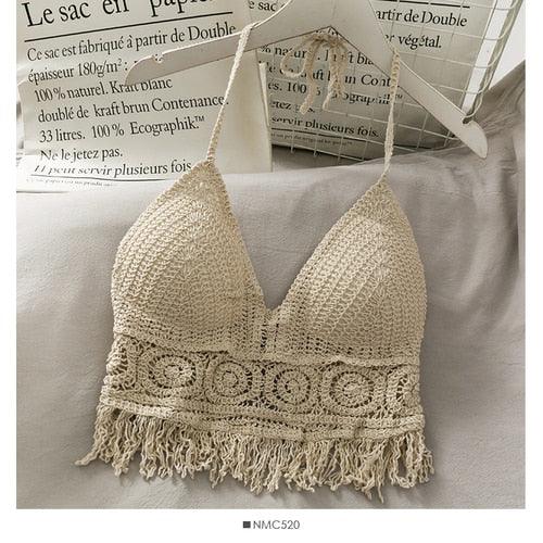 Crochet Tassel Halter Neck Crop Top Tops - The Burner Shop