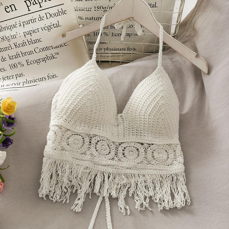 Crochet Tassel Halter Neck Crop Top Tops - The Burner Shop