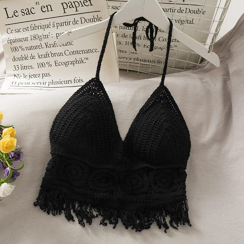 Crochet Tassel Halter Neck Crop Top Tops - The Burner Shop