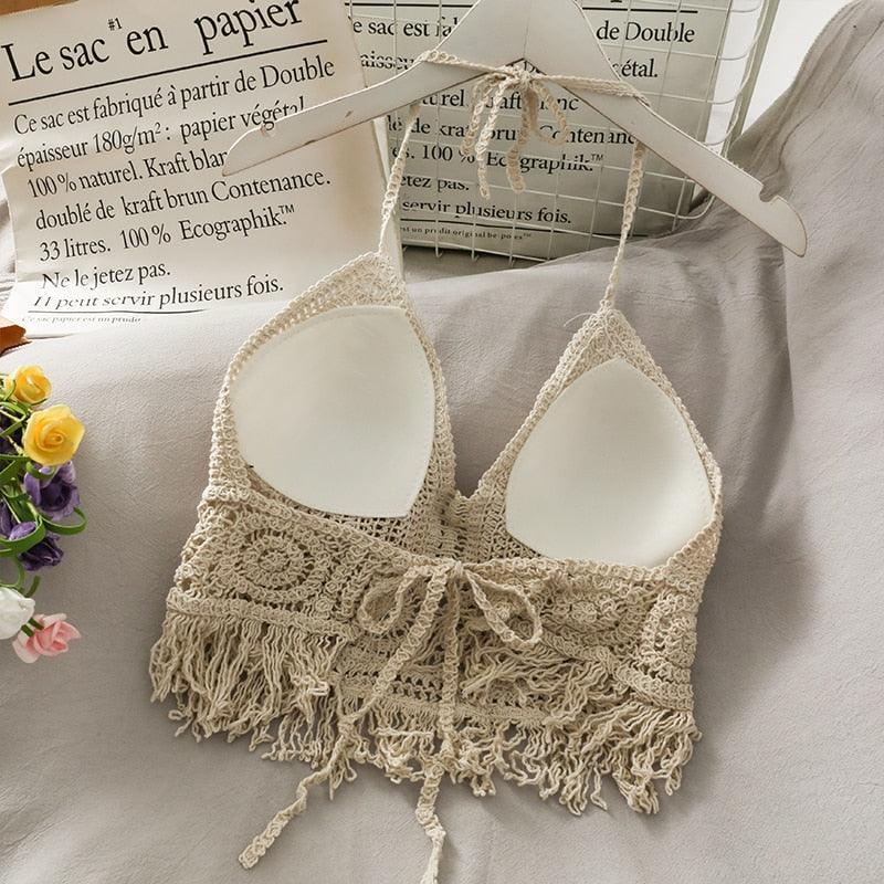 Crochet Tassel Halter Neck Crop Top Tops - The Burner Shop