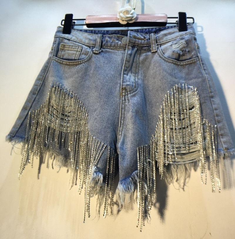 Cut-out Denim Shorts with Tassels Shorts - The Burner Shop