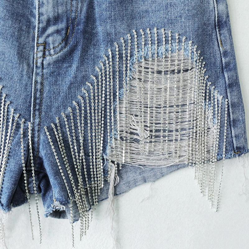 Cut-out Denim Shorts with Tassels Shorts - The Burner Shop