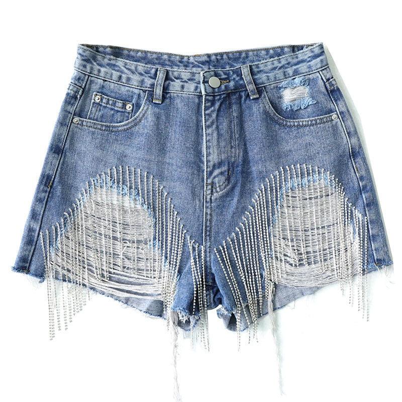 Cut-out Denim Shorts with Tassels Shorts - The Burner Shop