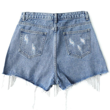 Cut-out Denim Shorts with Tassels Shorts - The Burner Shop
