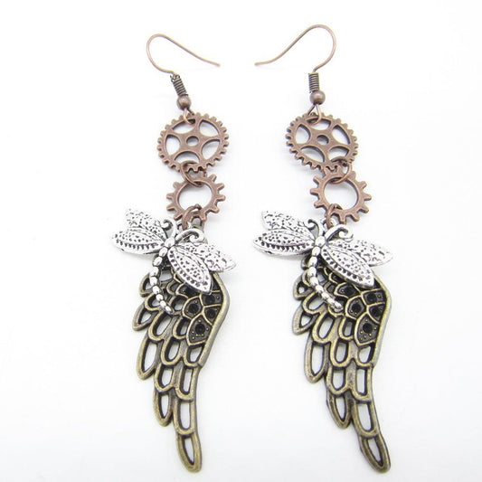 Dragonfly and Wing Vintage Steampunk Dangle Earrings Earrings - The Burner Shop