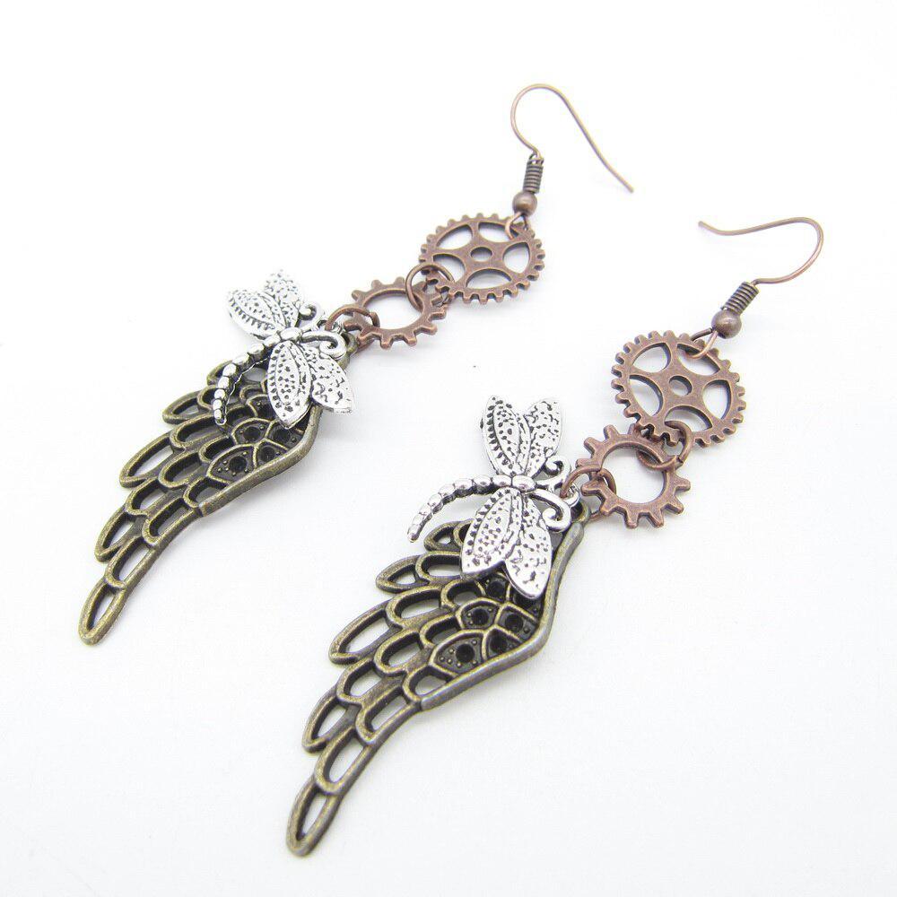 Dragonfly and Wing Vintage Steampunk Dangle Earrings Earrings - The Burner Shop
