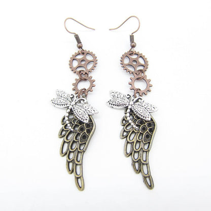 Dragonfly and Wing Vintage Steampunk Dangle Earrings Earrings - The Burner Shop