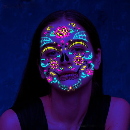 Fluorescent Sugar Skull Face Tattoo Face Tattoo - The Burner Shop
