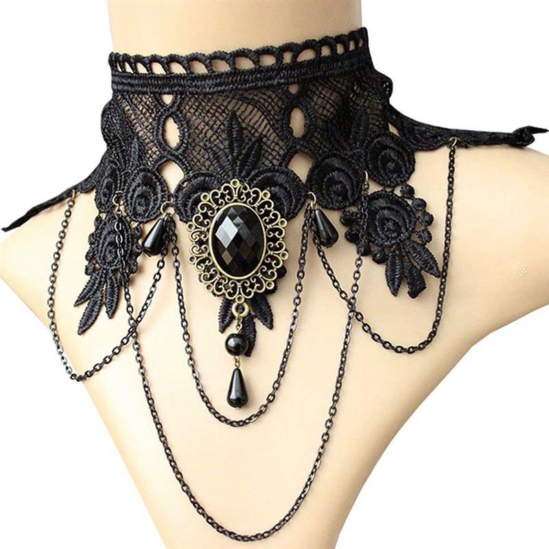 Gothic Crystal Black Choker with Pendants Necklaces - The Burner Shop