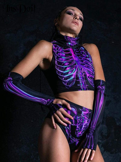 Gothic Hooded Skeleton Print Outfit 3PCS Costumes - The Burner Shop