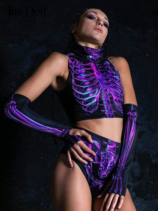 Gothic Hooded Skeleton Print Outfit 3PCS Costumes - The Burner Shop