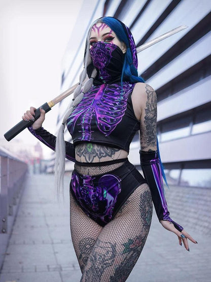 Gothic Hooded Skeleton Print Outfit 3PCS Costumes - The Burner Shop