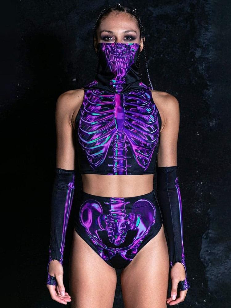 Gothic Hooded Skeleton Print Outfit 3PCS Costumes - The Burner Shop