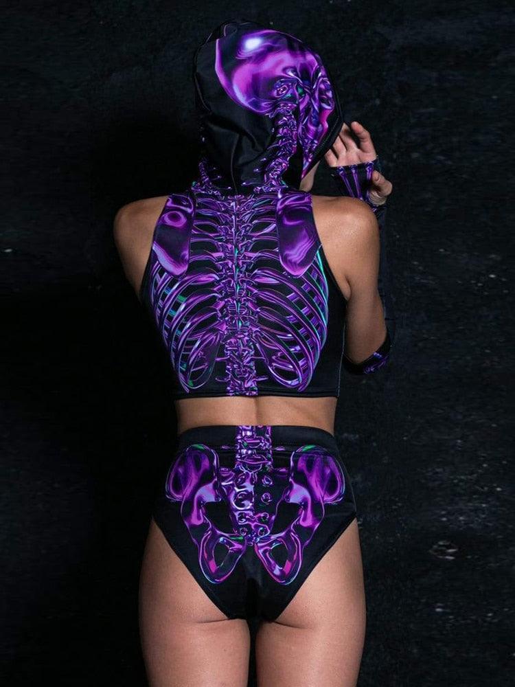 Gothic Hooded Skeleton Print Outfit 3PCS Costumes - The Burner Shop