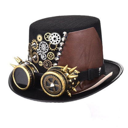 Handmade Unisex Leather Gears and Spikes Top Hat with Goggles Hats - The Burner Shop